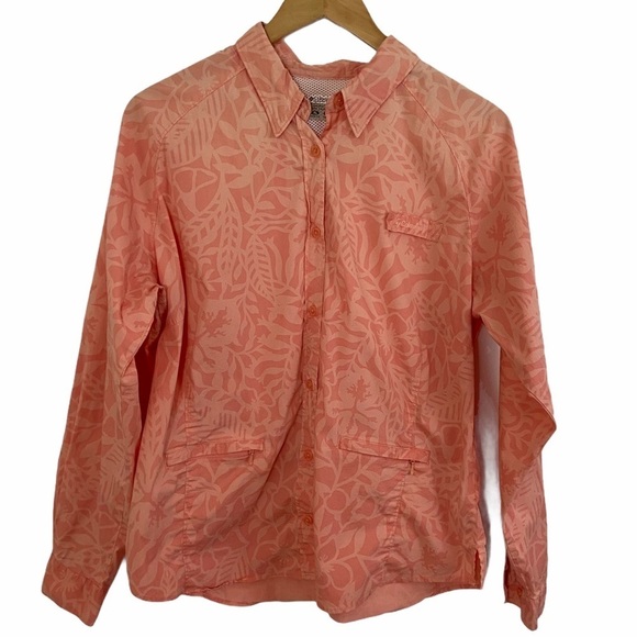 Columbia Orange Peach Floral Leaf Print Vented Top - Picture 1 of 12